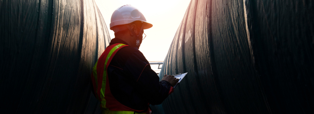 An engineer in a hardhat between two large concrete pipes