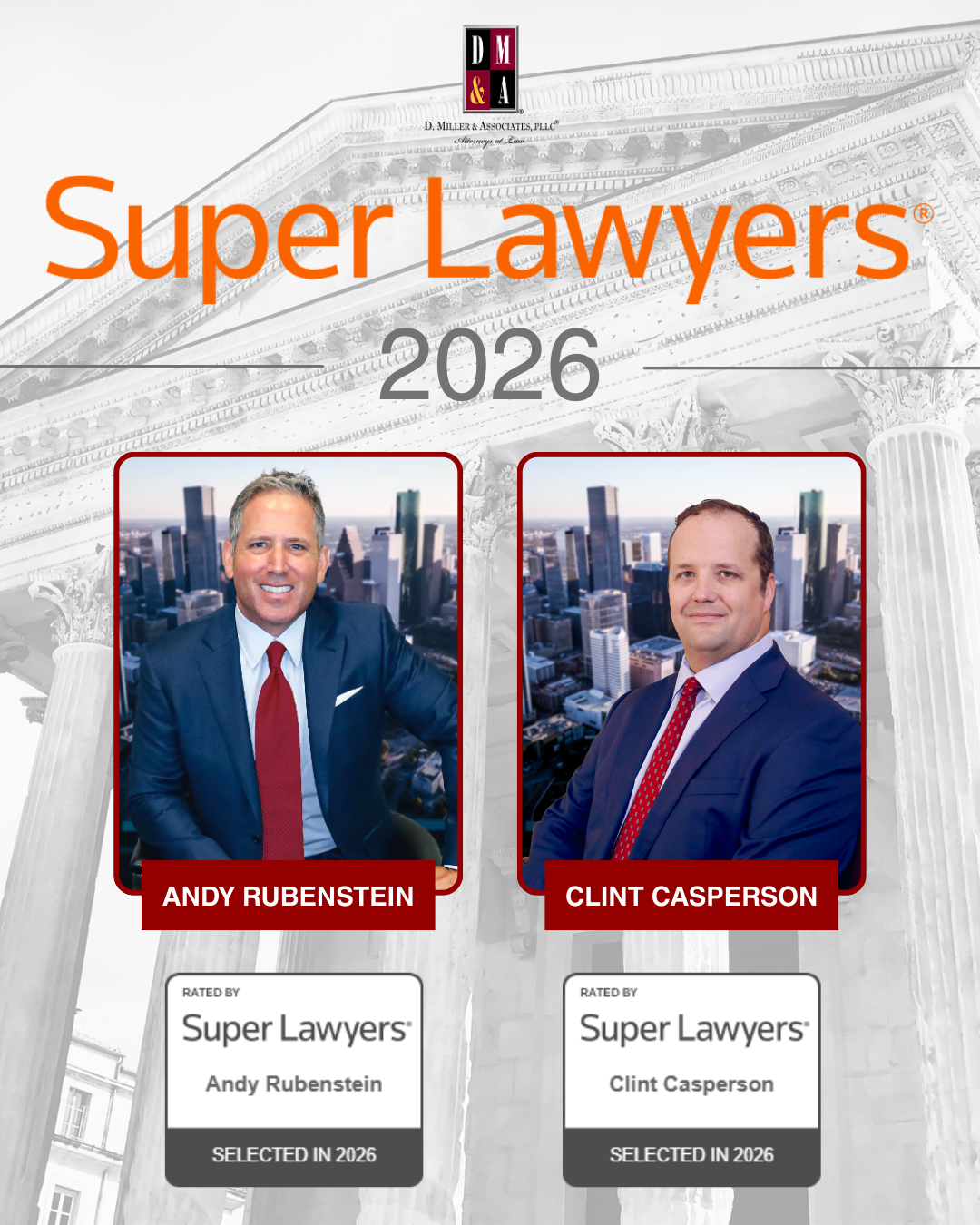 Graphic announcing the selection of Clint Casperson and Andy Rubenstein to the 2026 edition of Super Lawyers
