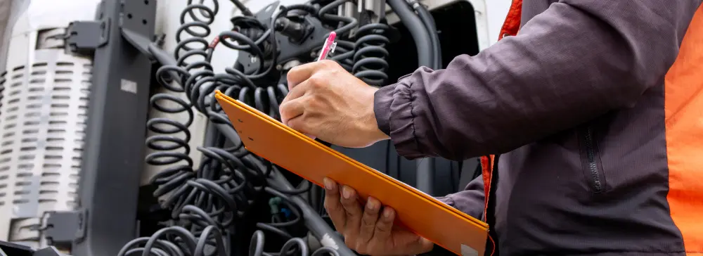 Person with a clipboard inspecting a recently repaired truck